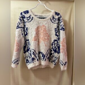 La Fée Verte Fuzzy Eyelash Knit Sweater Boho Artsy Pattern Small Blue Orange